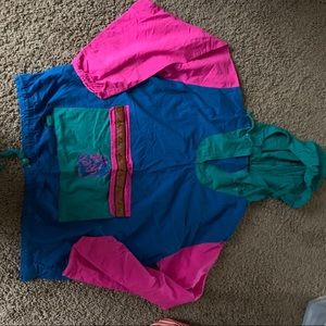 Surf Rags 80’s or 90’s vintage pullover windbreaker in blue, teal & hot pink